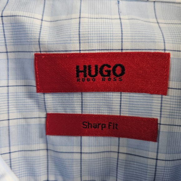 Hugo Boss Shirt Men 16.5 34 35 Sharp Fit‎ Button Long Sleeve White Blue Plaid - Picture 4 of 11